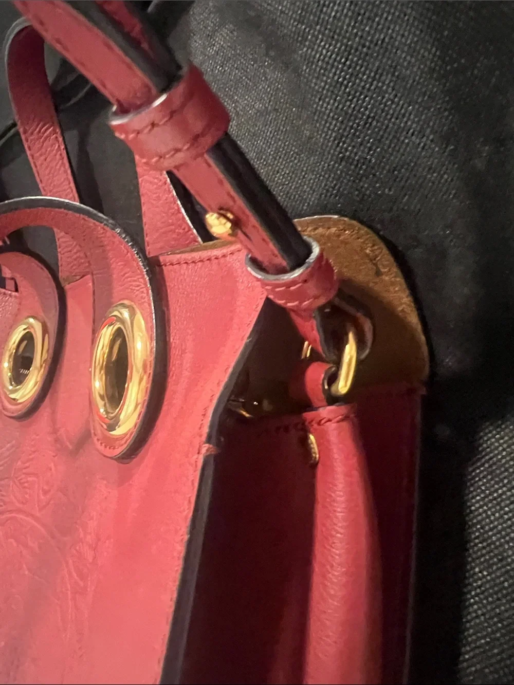 Burberry Red Leather Satchel with Gold Grommet Accents